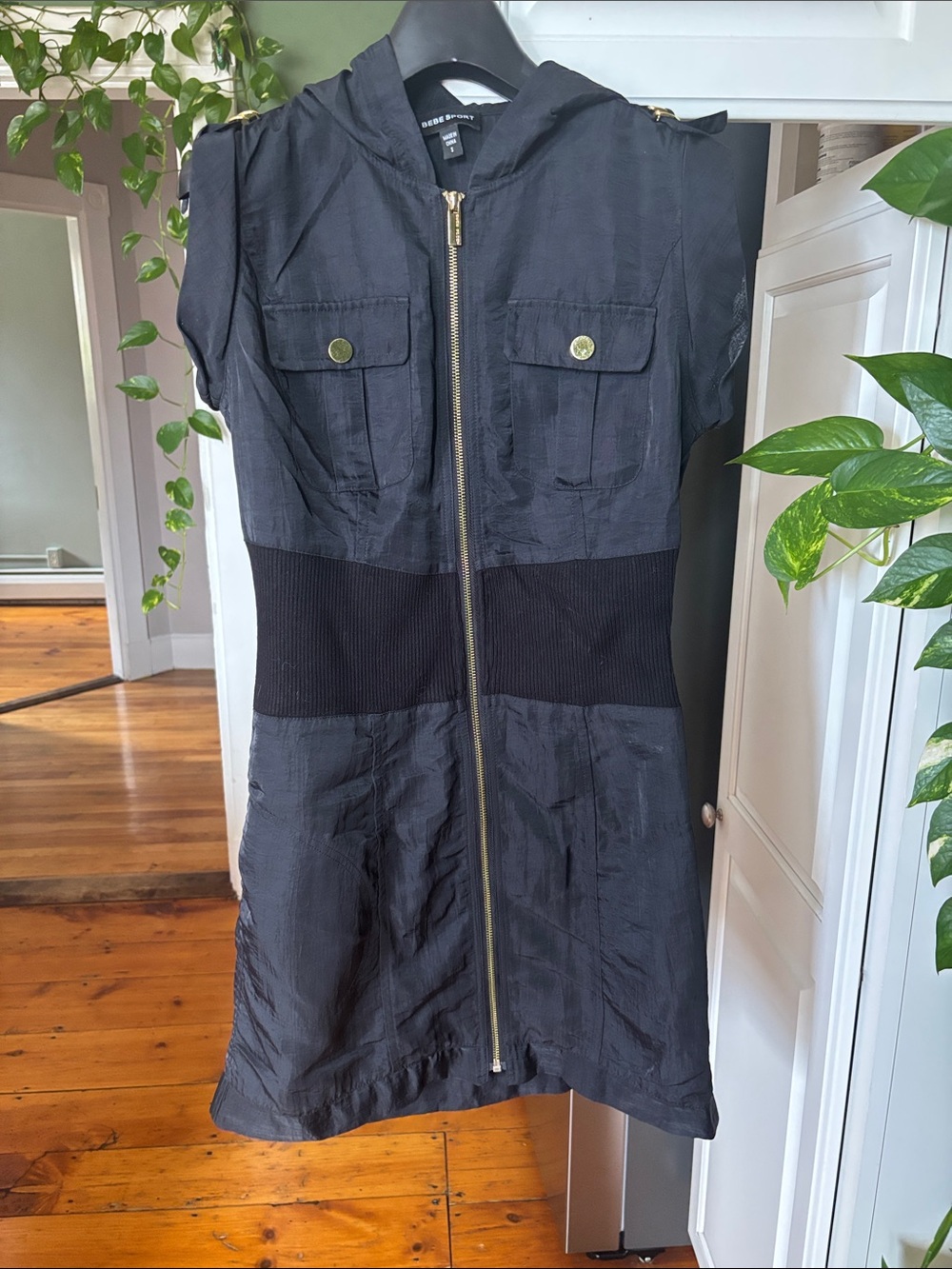 bebe Black Hooded Zip-Front Utility Jacket
